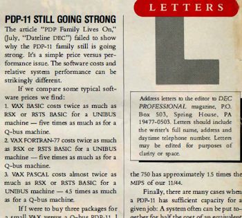 DEC PROFESSIONAL Letter to Editor PDP-11 Still Going Strong