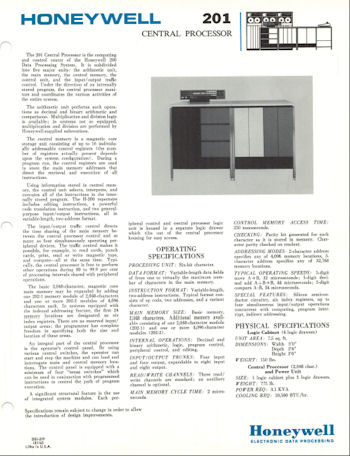 Honeywell 201 Central Processor Info Sheet